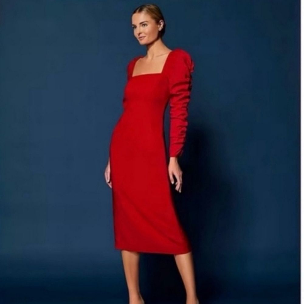 Antonio MelaniElena Crepe Square Neck
Long Ruched Sleeve Midi Dress-PP14